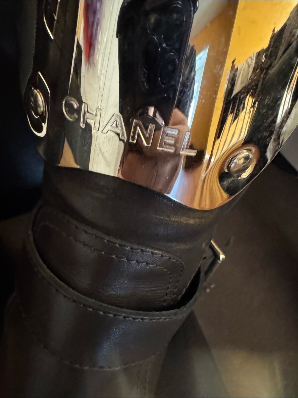 CHANEL Black Leather Knee-High Combat Boots with Silver Plate - Picture 2 of 16